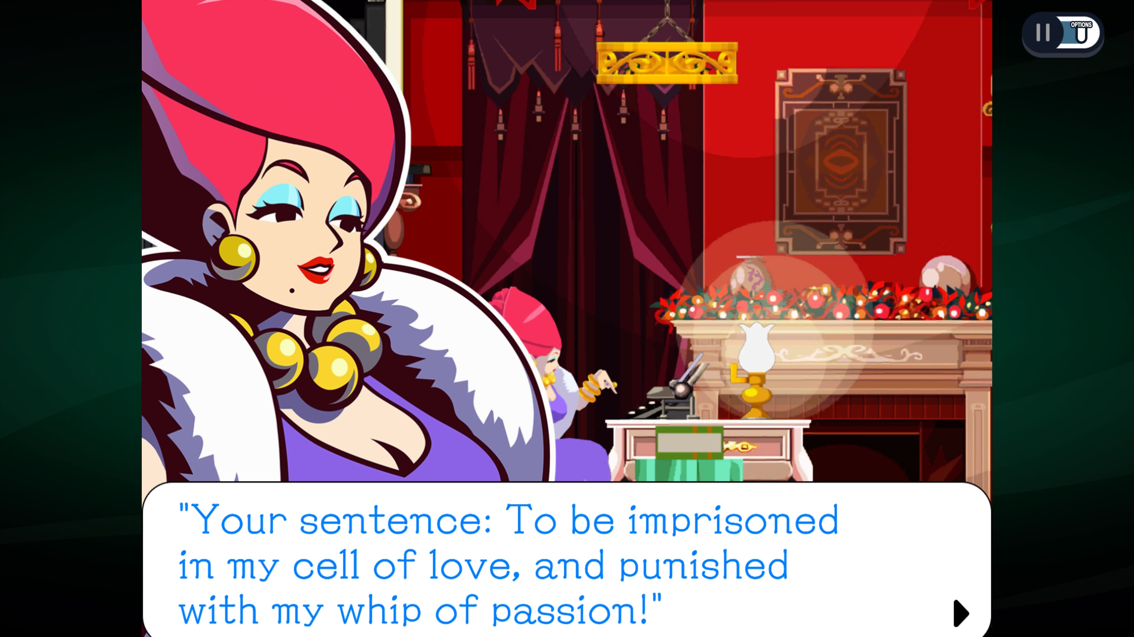 Ghost Trick review: A large anime woman with tall pink hair, a necklace of giant pearls, and a white fur stole, is typing a steamy sentence on a typewriter